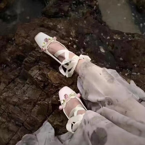 Women Beigeflower Canvas Lace Up Ankle Strap Floral Dressy Ballet Flats Shoes - Picture 5 of 6